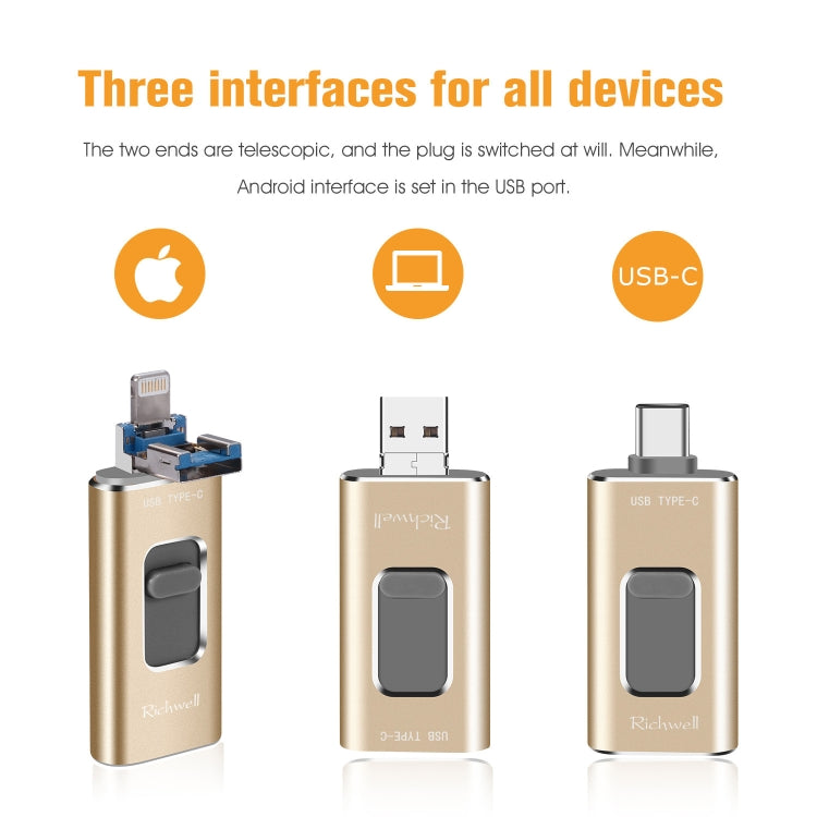 Richwell 3 in 1 64G Type-C + 8 Pin + USB 3.0 Metal Push-pull Flash Disk with OTG Function(Silver) - free shipping - PMC Jewellery - Order now!