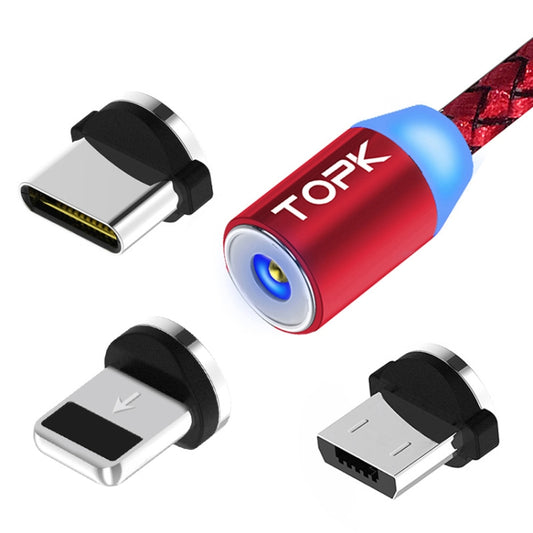 TOPK AM23 2m 2.1A Output USB to 8 Pin + USB-C / Type-C + Micro USB Mesh Braided Magnetic Charging Cable with LED Indicator(Red) - Charging Cable & Head by TOPK | Online Shopping South Africa | PMC Jewellery | Buy Now Pay Later Mobicred