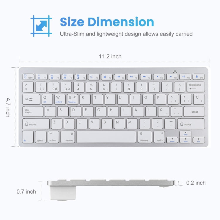 WB-8022 Ultra-thin Wireless Bluetooth Keyboard for iPad, Samsung, Huawei, Xiaomi, Tablet PCs or Smartphones, Spanish Keys(Silver) - Wireless Keyboard by PMC Jewellery | Online Shopping South Africa | PMC Jewellery | Buy Now Pay Later Mobicred