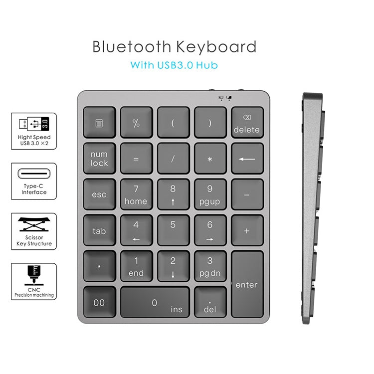 N970 Pro Dual Modes Aluminum Alloy Rechargeable Wireless Bluetooth Numeric Keyboard with USB HUB (Grey) - Mini Keyboard by PMC Jewellery | Online Shopping South Africa | PMC Jewellery | Buy Now Pay Later Mobicred