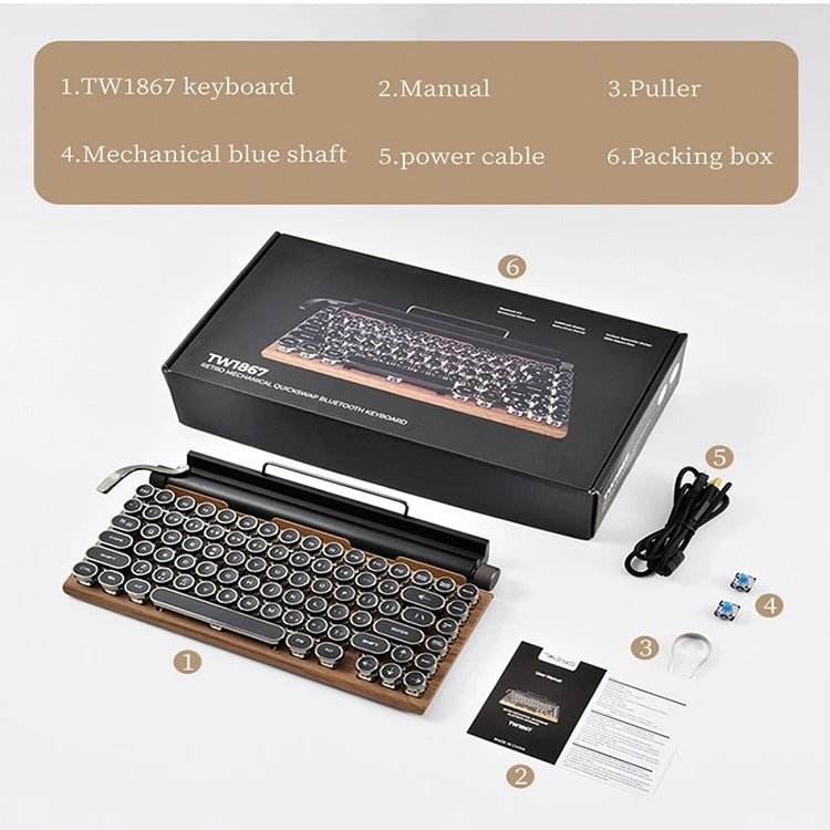 TW1867 Round Retro Punk Keycap Mechanical Wireless Bluetooth Keyboard (Black) - Wireless Keyboard by PMC Jewellery | Online Shopping South Africa | PMC Jewellery