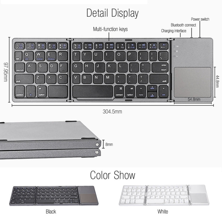 B033 Rechargeable 3-Folding 64 Keys Bluetooth Wireless Keyboard with Touchpad(Silver) - Wireless Keyboard by PMC Jewellery | Online Shopping South Africa | PMC Jewellery | Buy Now Pay Later Mobicred