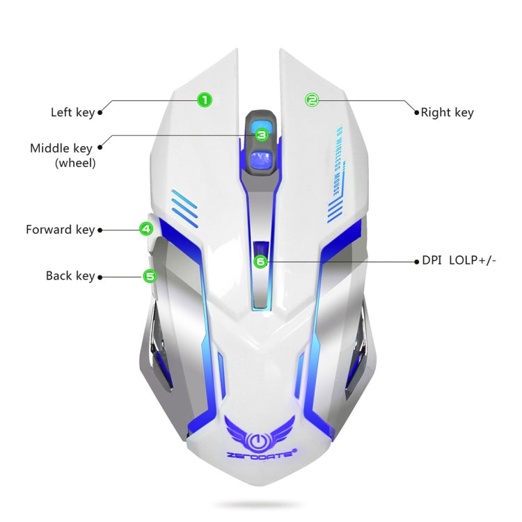 ZERODATE X70 2.4GHz Wireless 6-Keys 2400 DPI Adjustable Ergonomics Optical Gaming Mouse with Breathing Light(White) - Wireless Mice by ZERODATE | Online Shopping South Africa | PMC Jewellery | Buy Now Pay Later Mobicred