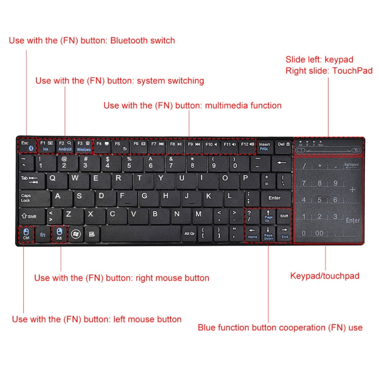 K-07 ABS Wireless Chargeable Bluetooth Touch Keyboard(Black) - free shipping - PMC Jewellery - Order now!