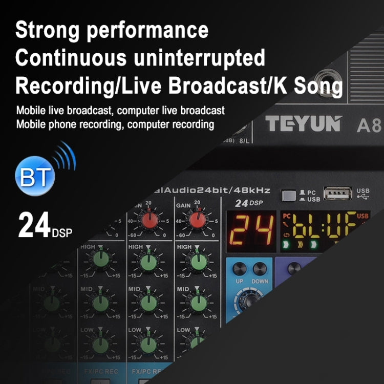 TEYUN NA8 8-channel Small Mixing Console Mobile Phone Sound Card Live Broadcast Computer Recording Console Processor, EU Plug(Black) - Live Sound Effects Processors by TEYUN | Online Shopping South Africa | PMC Jewellery | Buy Now Pay Later Mobicred