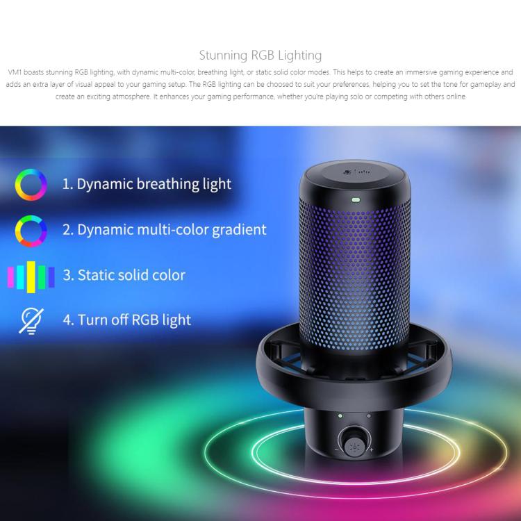 FEELWORLD VM1 USB Condenser Gaming Microphone for Streaming Noise Cancellation Mute RGB Light Desktop Stand (Black) - Microphone by FEELWORLD | Online Shopping South Africa | PMC TechLife | Buy Now Pay Later Mobicred
