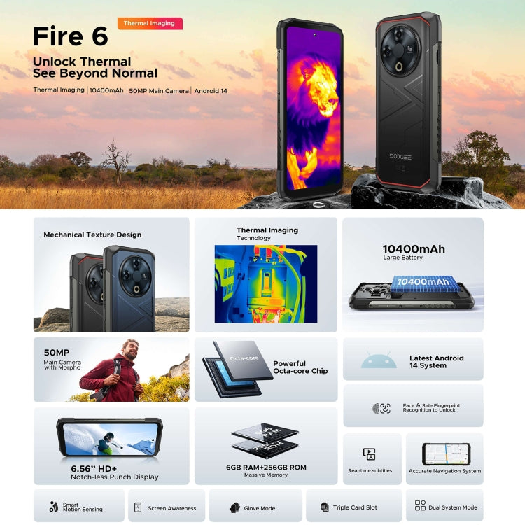 DOOGEE Fire 6 Rugged Phone, Thermal Imaging, 6GB+256GB, 6.56 inch Android 14 Spreadtrum T606 Octa Core, Network: 4G, OTG (Black) - DOOGEE by DOOGEE | Online Shopping South Africa | PMC Jewellery | Buy Now Pay Later Mobicred