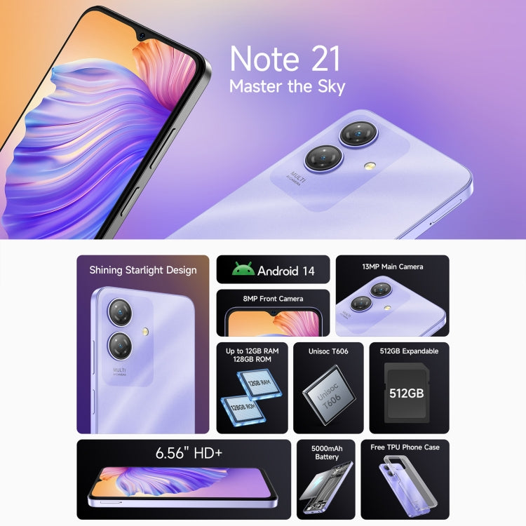 Ulefone Note 21, 4GB+128GB, Face ID & Fingerprint, 6.56 inch Android 14 Unisoc T606 Octa Core, Network: 4G, Dual SIM, OTG (Starlight Purple) - Ulefone by Ulefone | Online Shopping South Africa | PMC Jewellery | Buy Now Pay Later Mobicred