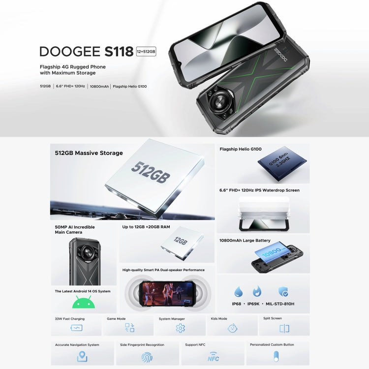 DOOGEE S118 Rugged Phone, 12GB+512GB, 6.58 inch Android 14 MediaTek Helio G99 Octa Core, Network: 4G, OTG, NFC (Black Silver) - DOOGEE by DOOGEE | Online Shopping South Africa | PMC Jewellery | Buy Now Pay Later Mobicred