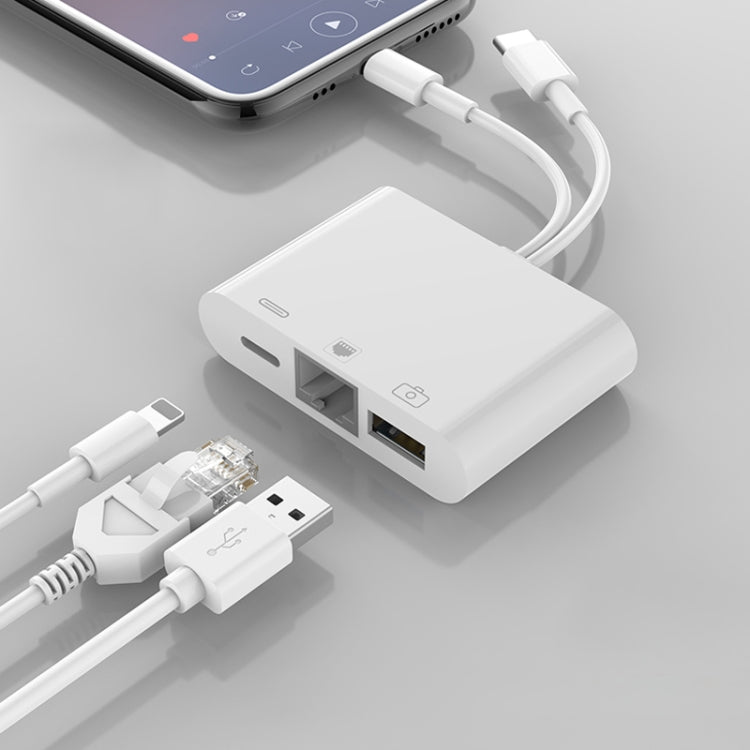 NK-107 Pro 3 in 1 USB-C / Type-C + 8 Pin Male to USB + RJ45 + 8 Pin Charging Female Interface Adapter - Converter & Adapter by PMC Jewellery | Online Shopping South Africa | PMC Jewellery | Buy Now Pay Later Mobicred