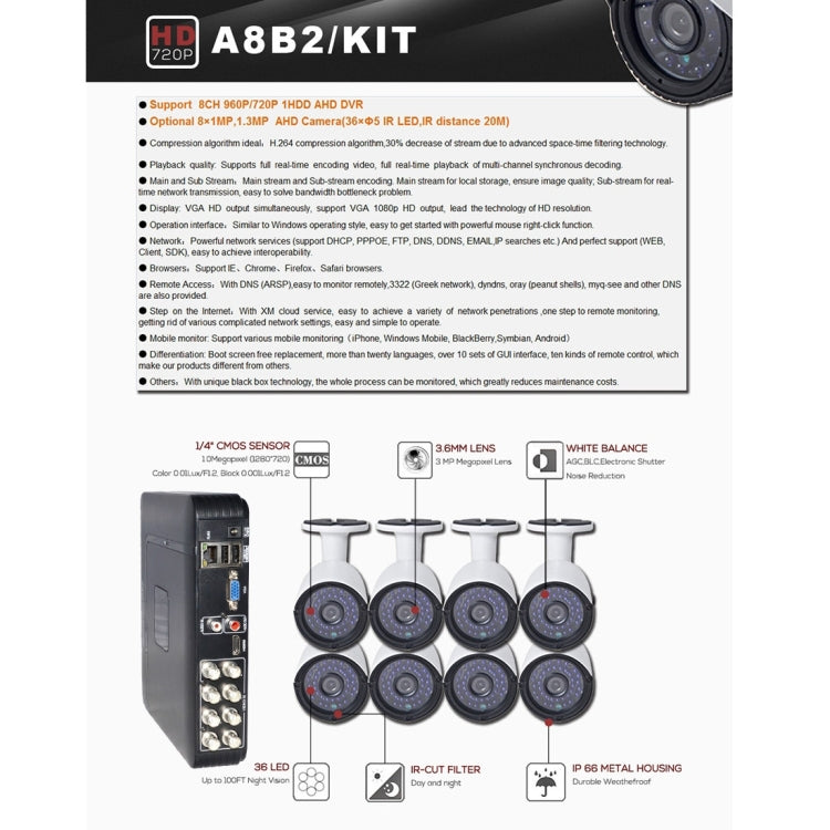 A8B2 8Ch Bullet IP Camera NVR Kit, Support Night Vision / Motion Detection, IR Distance: 20m - Video Recorder Kit by PMc TechLife | Online Shopping South Africa | PMc TechLife | Buy Now Pay Later Mobicred