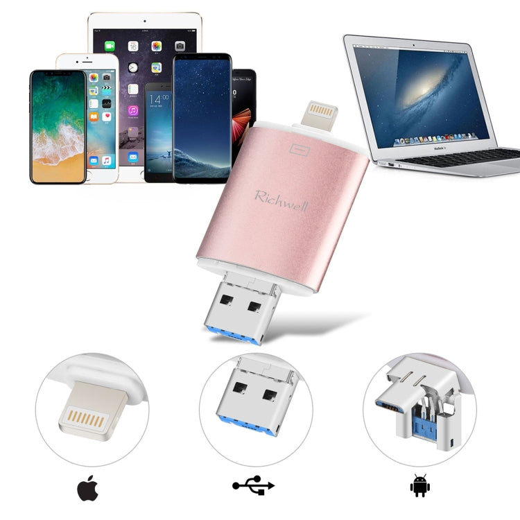 Richwell 3 in 1 32G Type-C + 8 Pin + USB 3.0 Metal Double Cover Push-pull Flash Disk with OTG Function(Black) - free shipping - PMC Jewellery - Order now!