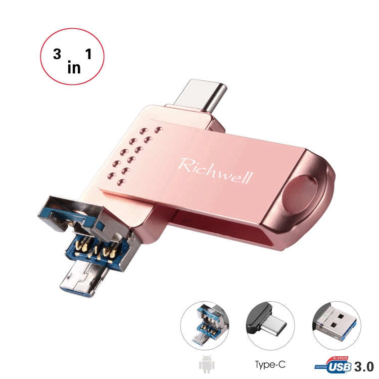 Richwell 3 in 1 16G Type-C + Micro USB + USB 3.0 Metal Flash Disk with OTG Function(Rose Gold) - U Disk & Card Reader by Richwell | Online Shopping South Africa | PMC Jewellery | Buy Now Pay Later Mobicred