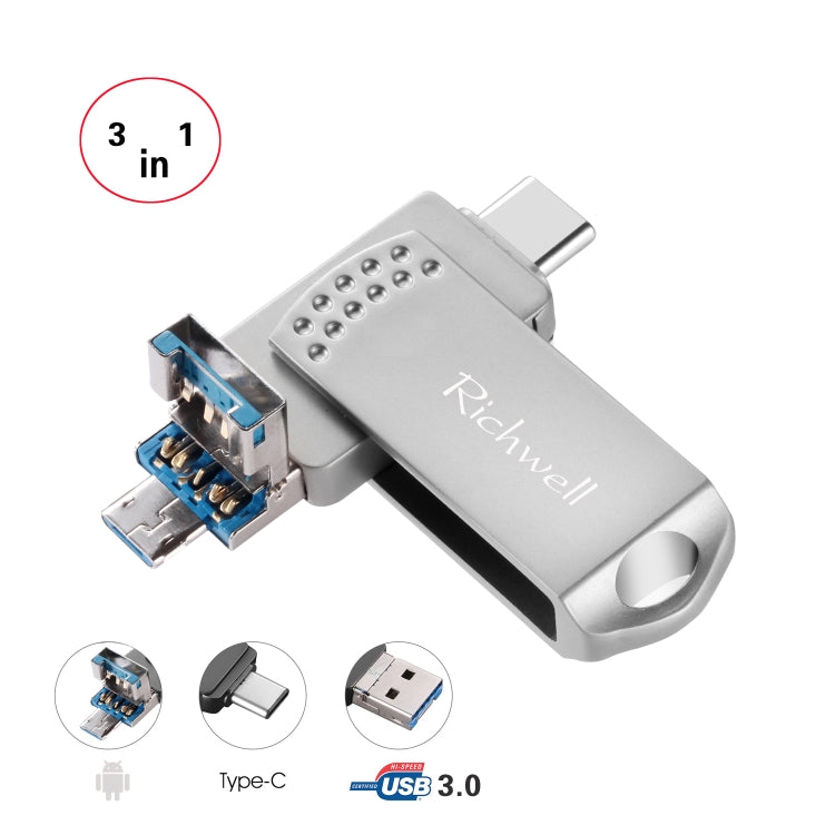 Richwell 3 in 1 128G Type-C + Micro USB + USB 3.0 Metal Flash Disk with OTG Function(Silver) - U Disk & Card Reader by Richwell | Online Shopping South Africa | PMC Jewellery | Buy Now Pay Later Mobicred