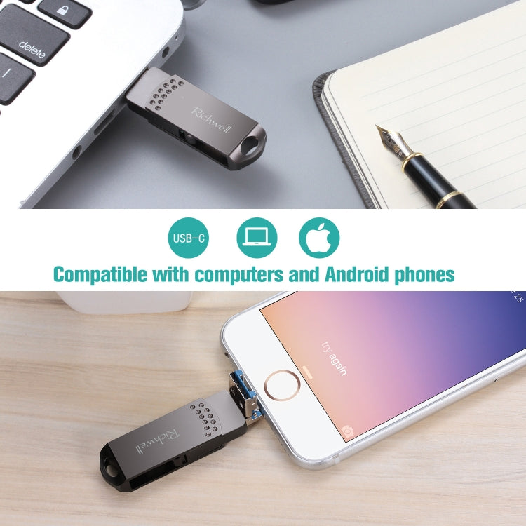 Richwell 16G Type-C + 8 Pin + USB 3.0 Metal Flash Disk with OTG Function(Black) - U Disk & Card Reader by Richwell | Online Shopping South Africa | PMC Jewellery | Buy Now Pay Later Mobicred