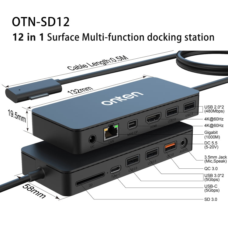Onten SD12 For Microsoft Surface 12 in 1 Multi-function Docking Station - free shipping - PMC TechLife - Order now!
