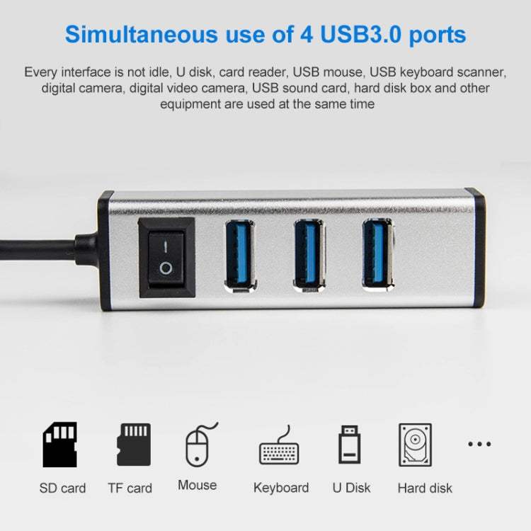 USB-C / Type-C to 4 USB 3.0 Ports Aluminum Alloy HUB with Switch (Silver) - USB HUB by PMC Jewellery | Online Shopping South Africa | PMC Jewellery | Buy Now Pay Later Mobicred