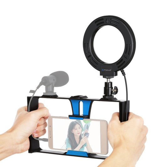 PULUZ 2 in 1 Vlogging Live Broadcast Smartphone Video Rig + 4.7 inch 12cm Ring LED Selfie Light Kits with Cold Shoe Tripod Head for iPhone, Galaxy, Huawei, Xiaomi, HTC, LG, Google, and Other Smartphones(Blue) - Camera Cage by PULUZ | Online Shopping South Africa | PMC Jewellery | Buy Now Pay Later Mobicred