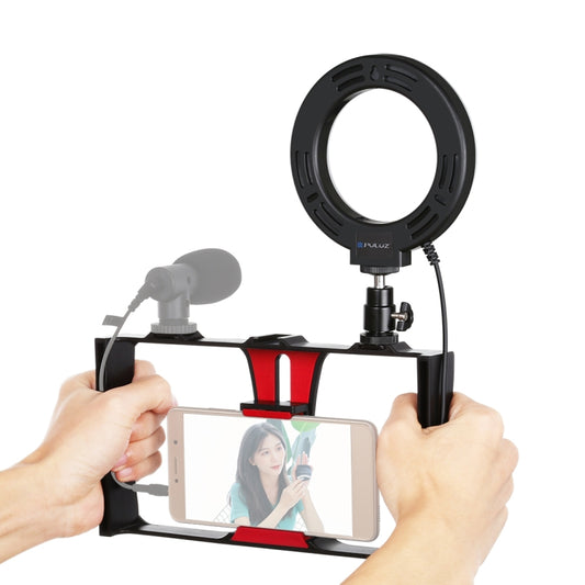 PULUZ 2 in 1 Vlogging Live Broadcast Smartphone Video Rig + 4.7 inch 12cm Ring LED Selfie Light Kits with Cold Shoe Tripod Head for iPhone, Galaxy, Huawei, Xiaomi, HTC, LG, Google, and Other Smartphones(Red) - Camera Cage by PULUZ | Online Shopping South Africa | PMC Jewellery | Buy Now Pay Later Mobicred