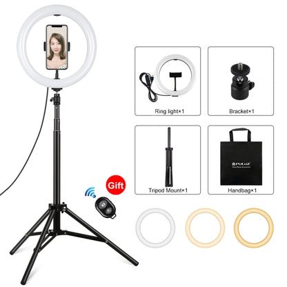 PULUZ 10.2 inch 26cm Light + 1.65m Tripod Mount Curved Surface USB 3 Modes Dimmable Dual Color Temperature Ring Vlogging Video Light Live Broadcast Kits with Phone Clamp & Selfie Remote Control(Black) - Ring Light by PULUZ | Online Shopping South Africa | PMC Jewellery | Buy Now Pay Later Mobicred