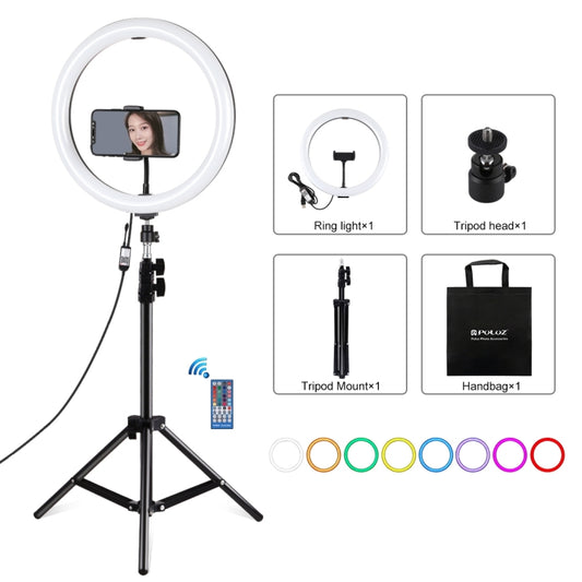 PULUZ 11.8 inch 30cm RGBW Light + 1.1m Tripod Mount Curved Surface Dimmable LED Dual Color Temperature LED Ring Selfie Vlogging Video Light  Live Broadcast Kits with Cold Shoe Tripod Ball Head & Phone Clamp & Remote Control(Black) - Tripods by PULUZ | Online Shopping South Africa | PMC Jewellery | Buy Now Pay Later Mobicred