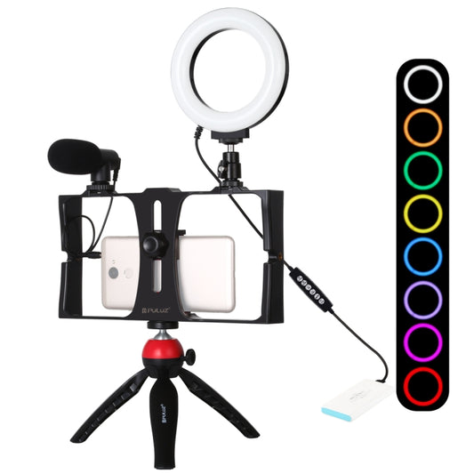 PULUZ 4 in 1 Vlogging Live Broadcast Smartphone Video Rig + 4.7 inch 12cm RGBW Ring LED Selfie Light + Microphone + Pocket Tripod Mount Kits with Cold Shoe Tripod Head(Red) - Camera Cage by PULUZ | Online Shopping South Africa | PMC Jewellery | Buy Now Pay Later Mobicred