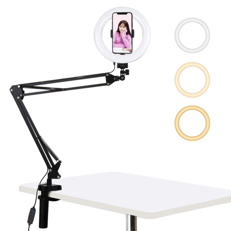 PULUZ 7.9 inch 20cm Ring Curved Light + Desktop Arm Stand USB 3 Modes Dimmable Dual Color Temperature LED Vlogging Selfie Photography Video Lights with Phone Clamp(Black) - Ring Light by PULUZ | Online Shopping South Africa | PMC Jewellery | Buy Now Pay Later Mobicred