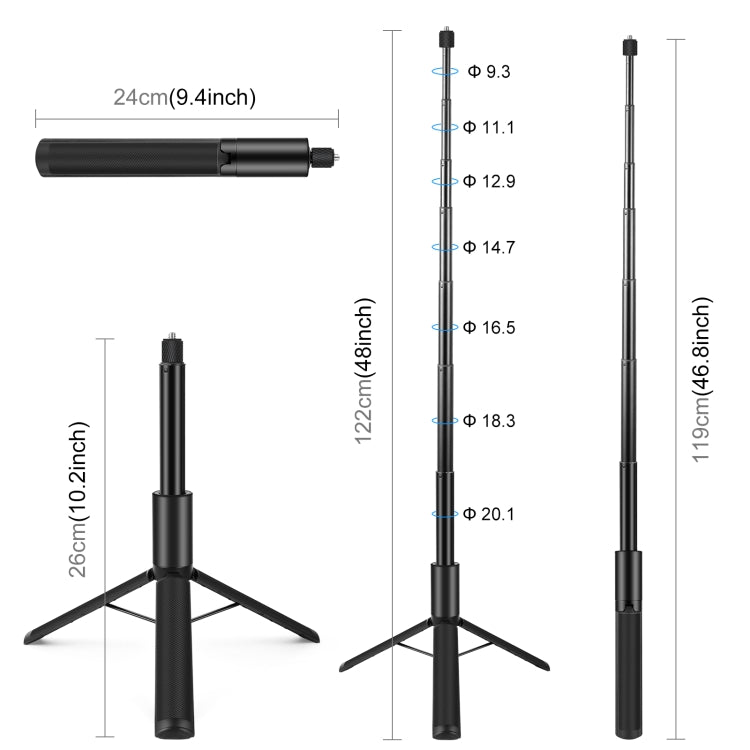 PULUZ 1.22m Retractable Invisible Selfie Stick with Tripod For Insta360 X4 / X3 (Black) - Self Monopod Grip by PULUZ | Online Shopping South Africa | PMC Jewellery | Buy Now Pay Later Mobicred