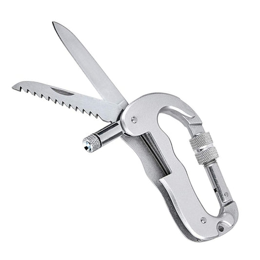 Heavy Duty D Shape Carabiner Clip-On Clamp Key Chain Hook with Dual Knife & LED Torch(Silver) - Hooks by PMC Jewellery | Online Shopping South Africa | PMC Jewellery | Buy Now Pay Later Mobicred