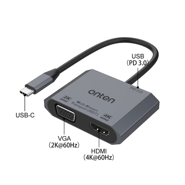 Onten M205 3 in 1 Type-C to HDMI+VGA+PD Fast Charge Video Converter (Grey) - Adapter by Onten | Online Shopping South Africa | PMC Jewellery | Buy Now Pay Later Mobicred