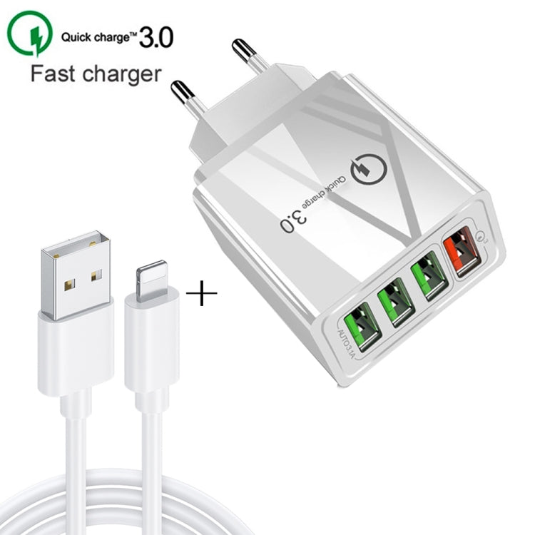2 in 1 1m USB to 8 Pin Data Cable + 30W QC 3.0 4 USB Interfaces Mobile Phone Tablet PC Universal Quick Charger Travel Charger Set, EU Plug(White) - free shipping - PMC Jewellery - Order now!