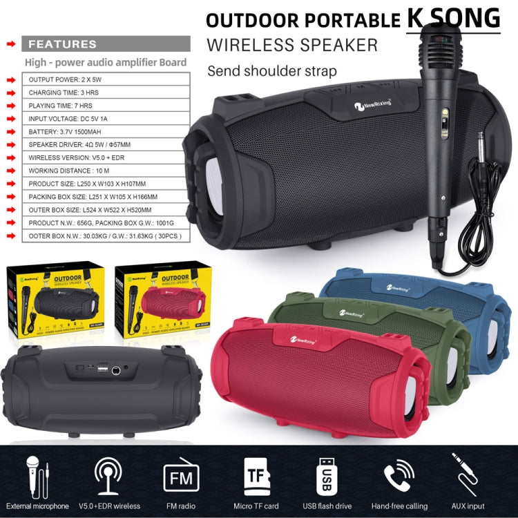 NewRixing NR3026M TWS Outdoor Portable K-song Bluetooth Speaker with Shoulder Strap & Microphone, Support TF Card / FM(Green) - Desktop Speaker by NewRixing | Online Shopping South Africa | PMC Jewellery | Buy Now Pay Later Mobicred