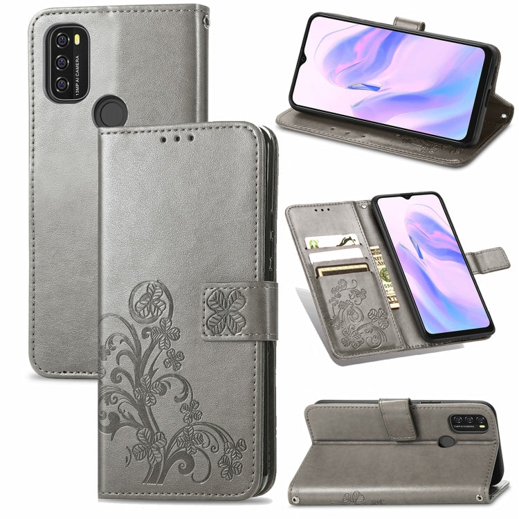 For Blackview A70 Four-leaf Clasp Embossed Buckle Mobile Phone Protection Leather Case with Lanyard & Card Slot & Wallet & Bracket Function(Gray) - More Brand by PMC Jewellery | Online Shopping South Africa | PMC Jewellery