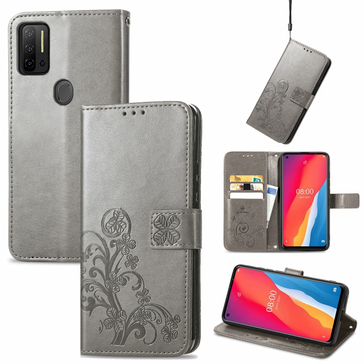 For Ulefone Note 11 Plus Four-leaf Clasp Embossed Buckle Mobile Phone Protection Leather Case with Lanyard & Card Slot & Wallet & Bracket Function(Gray) - Ulefone Cases by PMC Jewellery | Online Shopping South Africa | PMC Jewellery | Buy Now Pay Later Mobicred