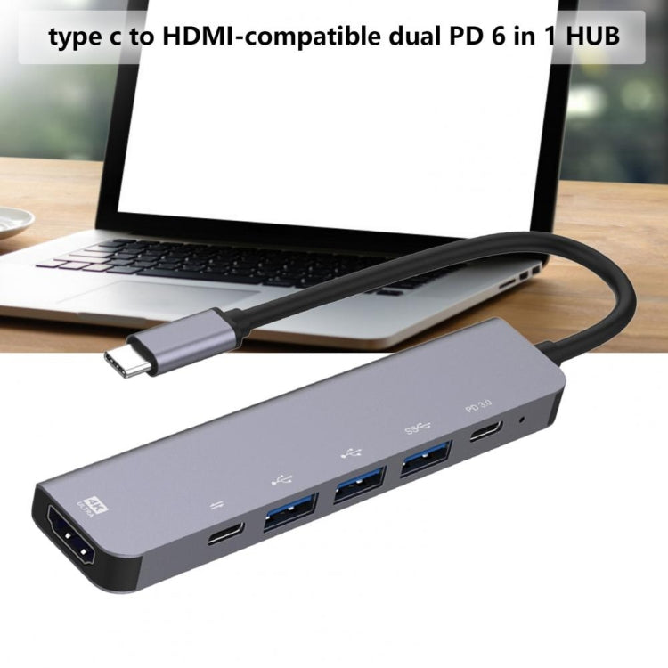 6-in-1 Type-C to HDMI + PD + Type-C + USB3.0 + USB2.0 x 2 Docking Station HUB Adapter - USB HUB by PMC Jewellery | Online Shopping South Africa | PMC Jewellery | Buy Now Pay Later Mobicred