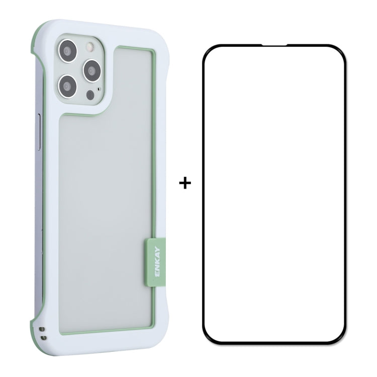 For iPhone 12 Pro Max ENKAY Frameless Hollow PC Case + Glass Film(White) - iPhone 12 Pro Max Cases by ENKAY | Online Shopping South Africa | PMC Jewellery | Buy Now Pay Later Mobicred