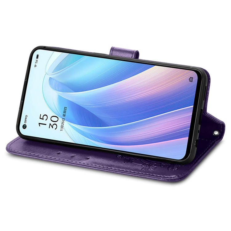 For OPPO Reno7 5G Four-leaf Clasp Embossed Buckle Leather Phone Case(Purple) - OPPO Cases by PMC Jewellery | Online Shopping South Africa | PMC Jewellery | Buy Now Pay Later Mobicred