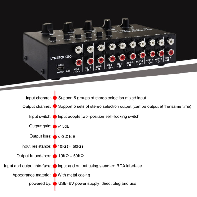 5 In 5 Out Audio Signal Selector Sound Mixing Distribute Device Input Independent Switch -  by PMC Jewellery | Online Shopping South Africa | PMC Jewellery | Buy Now Pay Later Mobicred