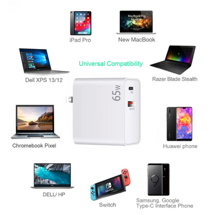 PD-65W USB-C / Type-C + QC3. 0 USB Laptop Charging Adapter, AU Plug / US Plug / EU Plug / UK Plug(White) - Cable & Adapter by PMC Jewellery | Online Shopping South Africa | PMC Jewellery | Buy Now Pay Later Mobicred