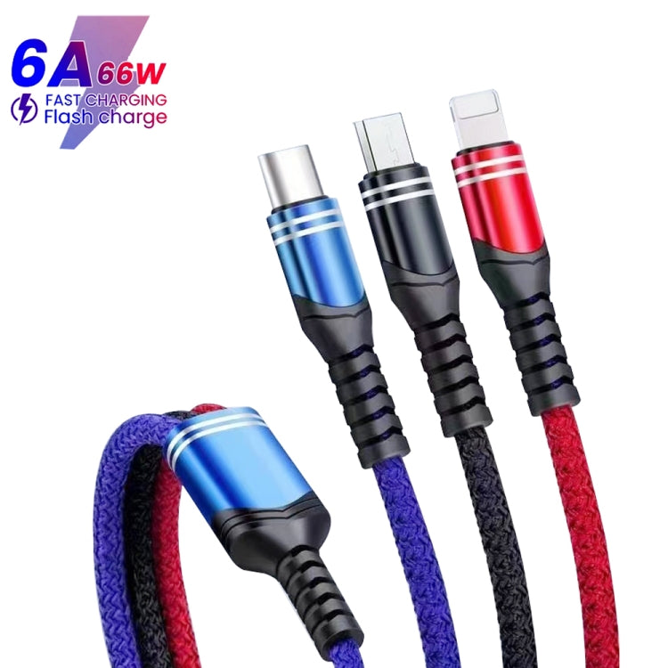 XJ-78 66W 6A 3 in 1 USB to 8 Pin + Type-C + Micro USB Super Flash Charging Cable, Length: 1.2m(Colour) - Multifunction Cable by PMC Jewellery | Online Shopping South Africa | PMC Jewellery | Buy Now Pay Later Mobicred