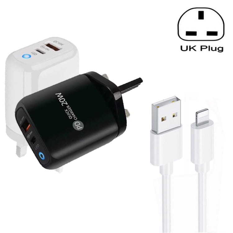 PD04 Type-C + USB Mobile Phone Charger with USB to 8 Pin Cable, UK Plug(Black) - USB Charger by PMC Jewellery | Online Shopping South Africa | PMC Jewellery | Buy Now Pay Later Mobicred