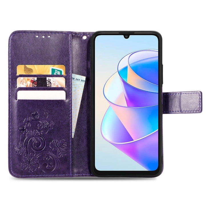 For Honor X7a Four-leaf Clasp Embossed Leather Phone Case(Purple) - free shipping - PMC TechLife - Order now!