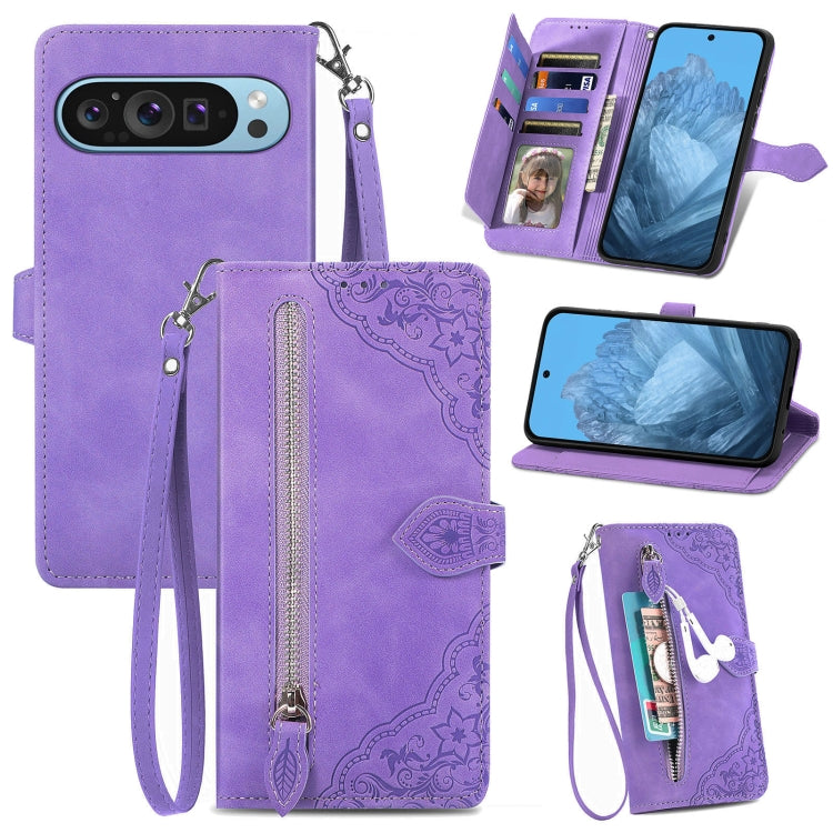 For Google Pixel 9 Pro Embossed Flower Zipper Leather Phone Case(Purple) - Google Cases by PMC Jewellery | Online Shopping South Africa | PMC Jewellery | Buy Now Pay Later Mobicred