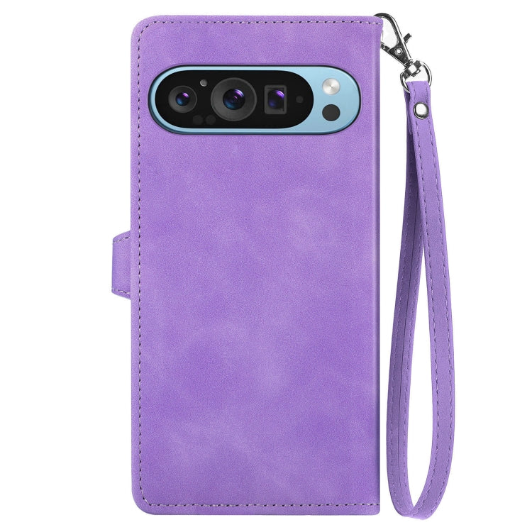 For Google Pixel 9 Pro Embossed Flower Zipper Leather Phone Case(Purple) - Google Cases by PMC Jewellery | Online Shopping South Africa | PMC Jewellery | Buy Now Pay Later Mobicred