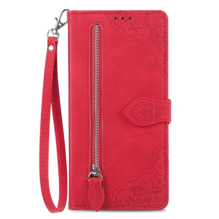 For Google Pixel 9 Pro Embossed Flower Zipper Leather Phone Case(Red) - Google Cases by PMC Jewellery | Online Shopping South Africa | PMC Jewellery | Buy Now Pay Later Mobicred