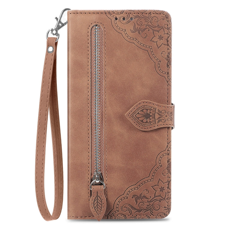 For Google Pixel 9 Embossed Flower Zipper Leather Phone Case(Brown) - Google Cases by PMC Jewellery | Online Shopping South Africa | PMC Jewellery | Buy Now Pay Later Mobicred