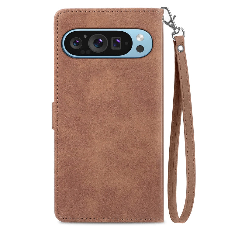 For Google Pixel 9 Embossed Flower Zipper Leather Phone Case(Brown) - Google Cases by PMC TechLife | Online Shopping South Africa | PMC TechLife | Buy Now Pay Later Mobicred