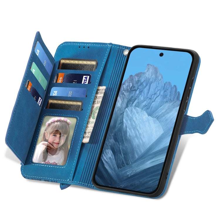 For Google Pixel 9 Embossed Flower Zipper Leather Phone Case(Blue) - Google Cases by PMC TechLife | Online Shopping South Africa | PMC TechLife | Buy Now Pay Later Mobicred