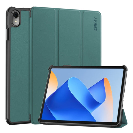 For Huawei MatePad 11 2023 ENKAY Tri-fold Custer Texture Leather Stand Smart Case(Dark Green) - Huawei by ENKAY | Online Shopping South Africa | PMC Jewellery | Buy Now Pay Later Mobicred