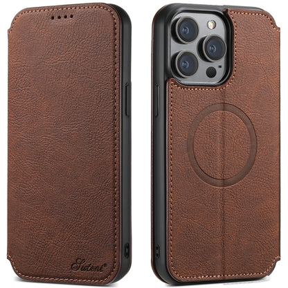 For iPhone 13 Pro Max Suteni J06 Retro Matte Litchi Texture Leather Magnetic Magsafe Phone Case(Brown) - iPhone 13 Pro Max Cases by Suteni | Online Shopping South Africa | PMC Jewellery | Buy Now Pay Later Mobicred